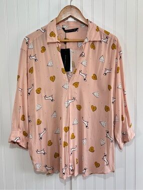 Zara Woman Dachshund Heart Diamond Pink Printed Blouse Top Size XL